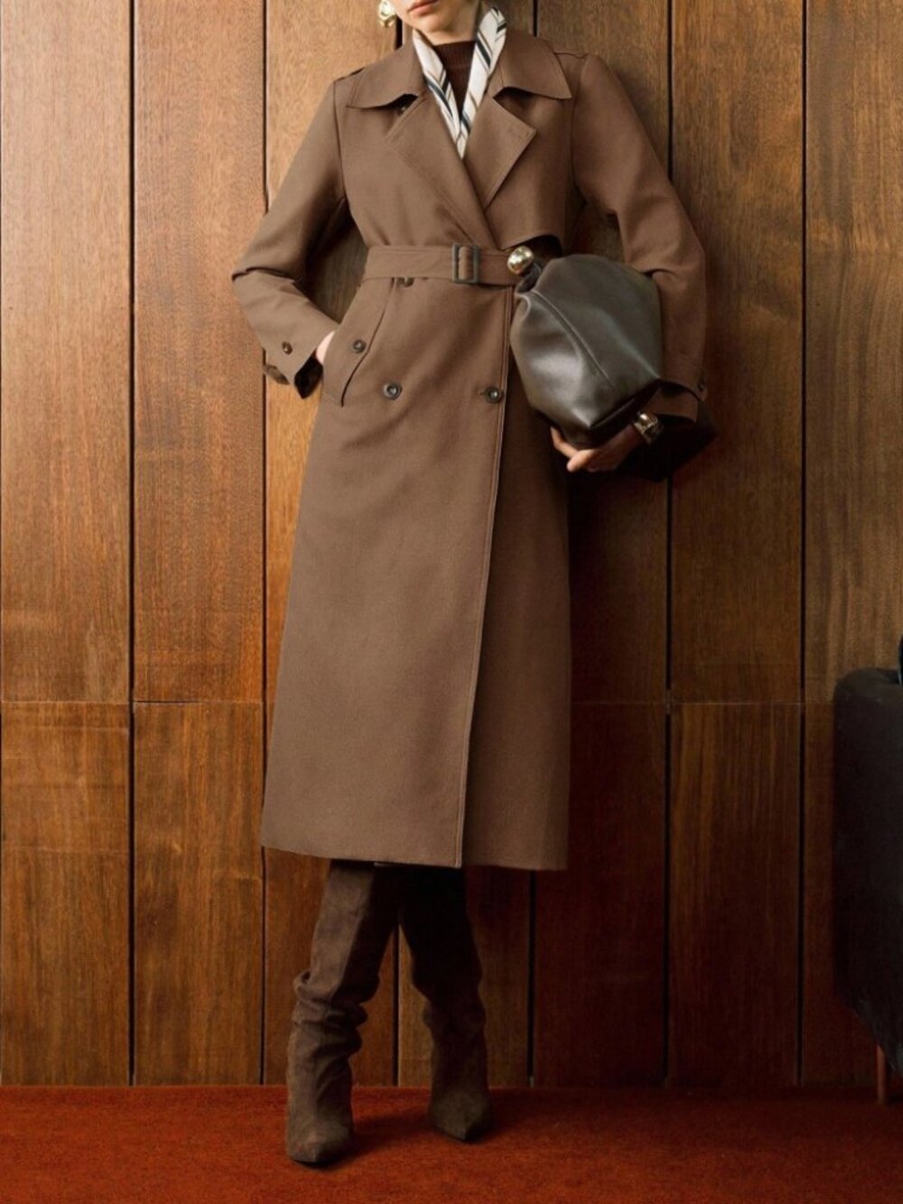 Brown Belted Trench Coat - Double-Breasted Midi Length